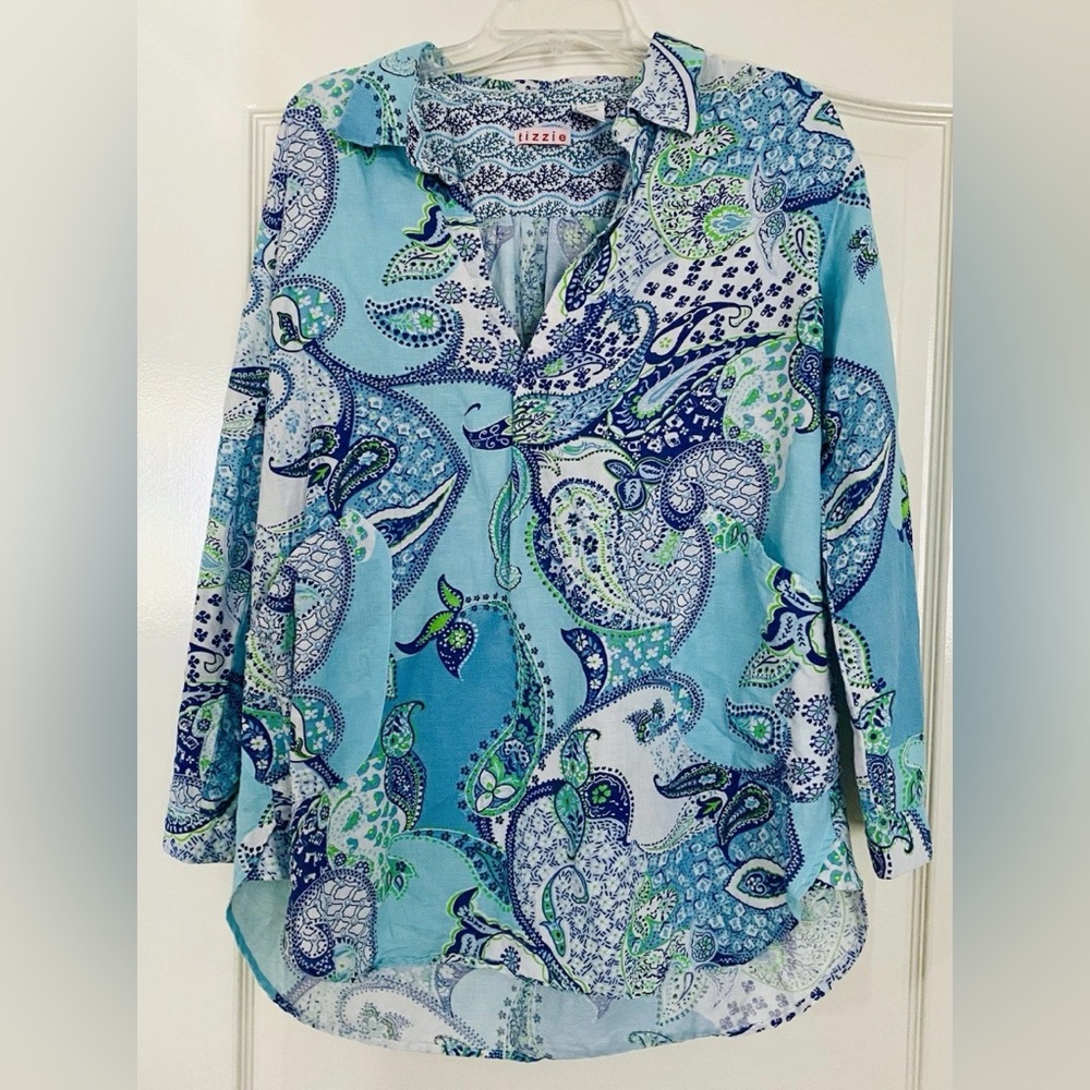 Tizzie Linen Cotton oversized S Top Coastal Folk Paisley Blue Teal 2 Pockets